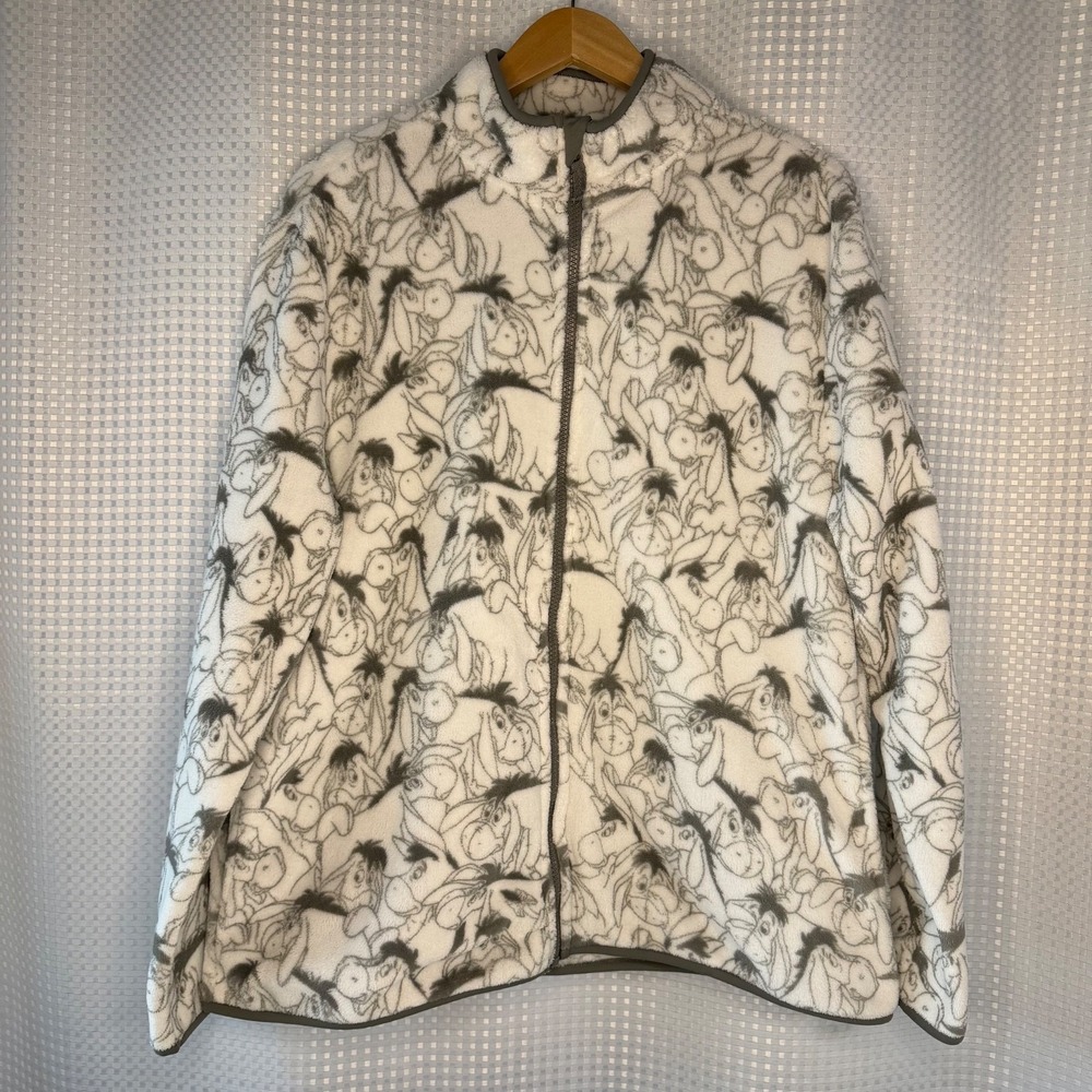 Disney Fleece Zip Up Jacket Adult XL White & Gray Eeyore Soft w/ Pockets